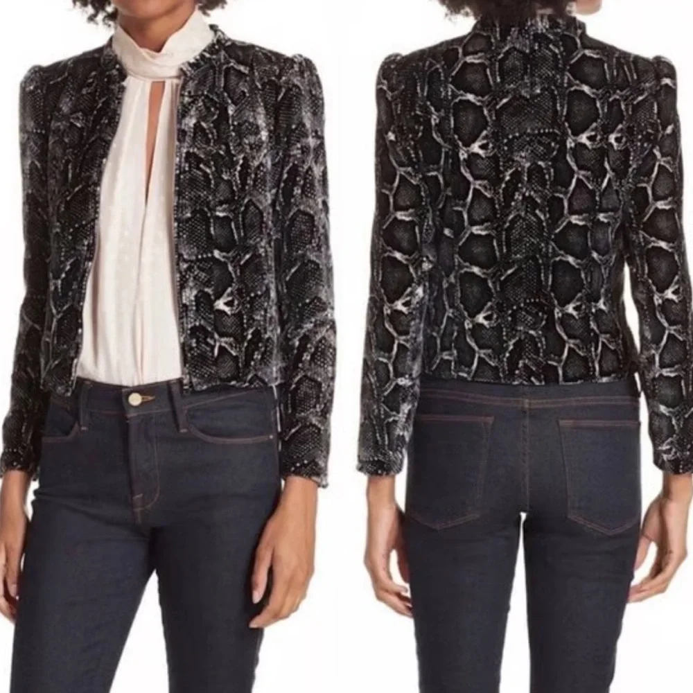 Rebecca Taylor Python Snake Print Velvet Jacket Black White Silk Blend Sz L
